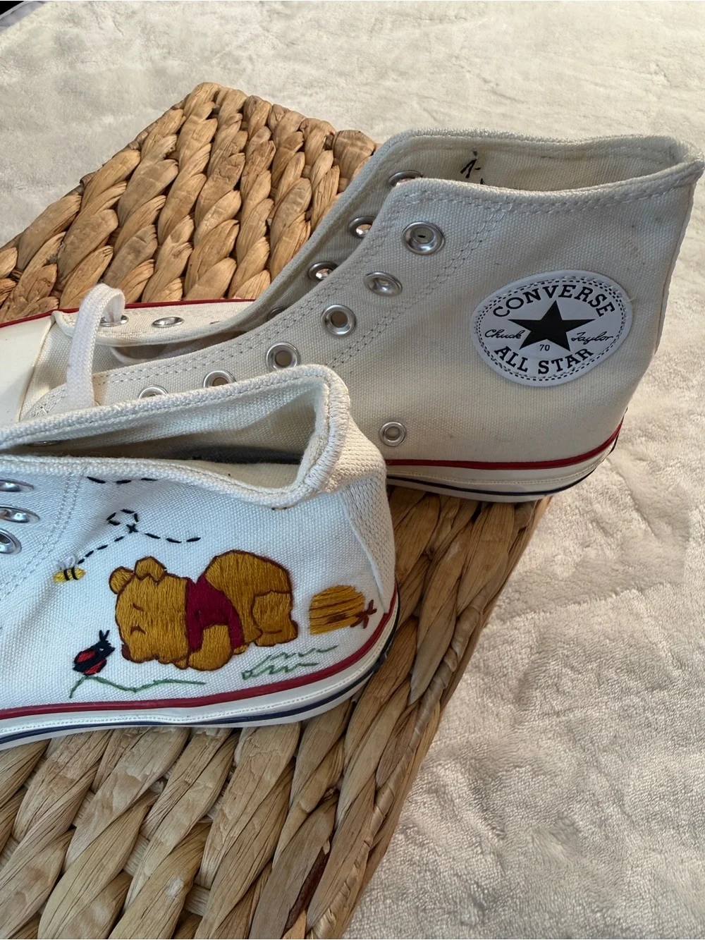 Converse Chuck 70 High Top Off-White Custom Winnie the Pooh Embroidery Women 7.5